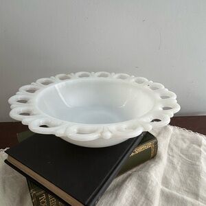 Vintage Anchor Hocking Open Lace milk glass bowl  White 9”